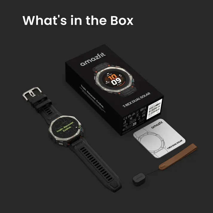 محتویات جعبه ساعت Amazfit T-Rex Dual Solar و لوازم همراه