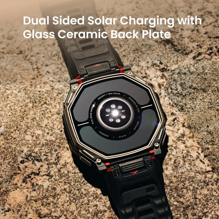 شارژ خورشیدی دوطرفه و صفحه شیشهسرامیکی پشت Amazfit T-Rex Dual Solar