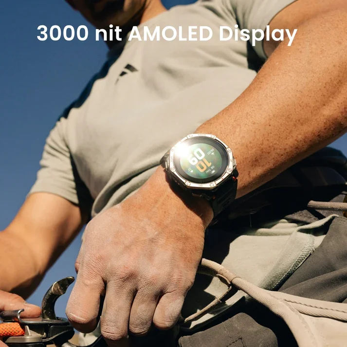 نمایشگر AMOLED با روشنایی ۳۰۰۰ نیت ساعت Amazfit T-Rex Dual Solar