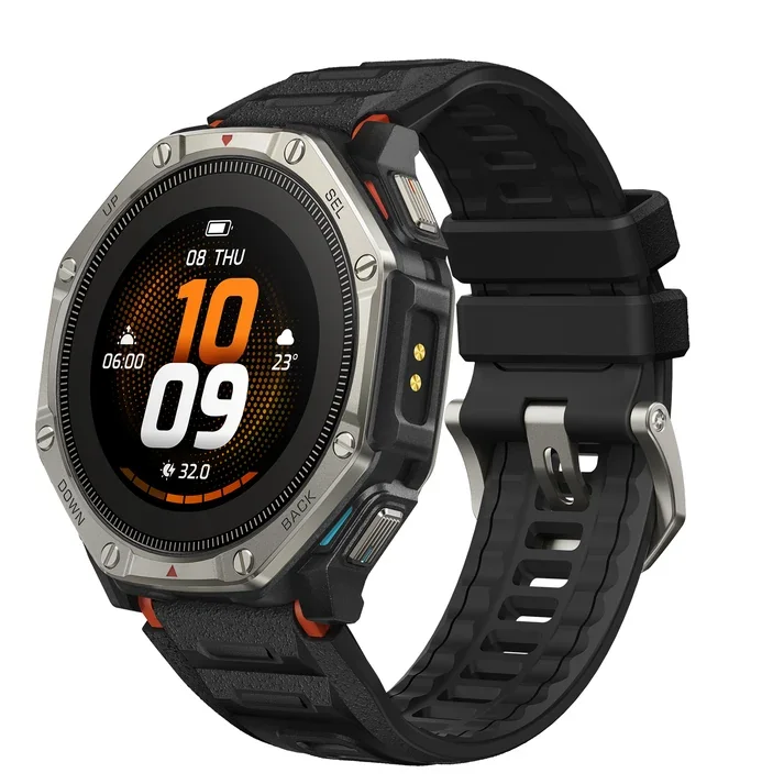 ساعت هوشمند Amazfit T-Rex Dual Solar با بند مشکی و قاب تیتانیومی